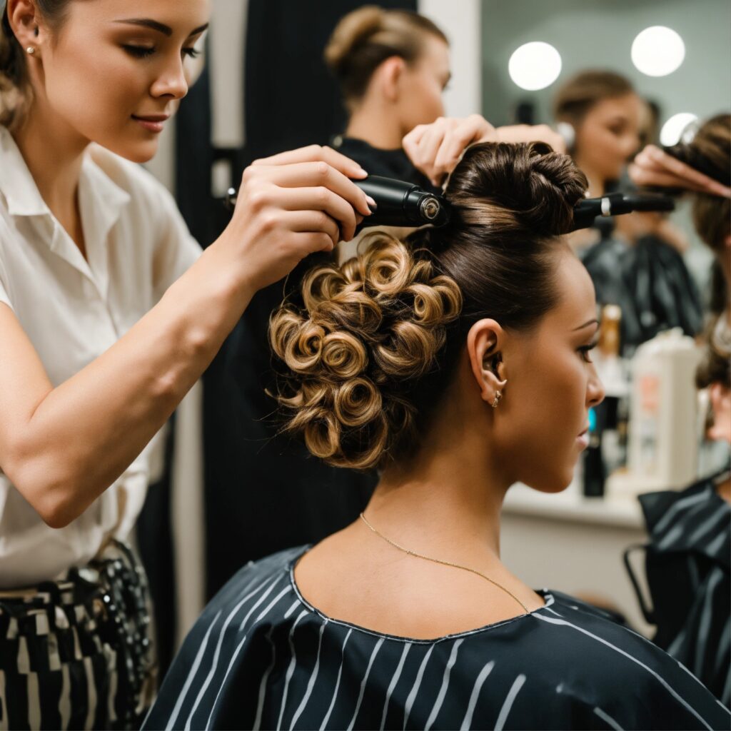 A stylist applies a keratin treatment to a woman's hair in a beauty salon.